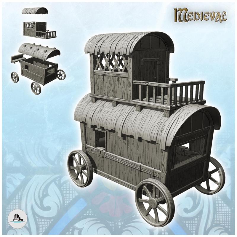 Merchant caravan on wooden wheels with terrace (1) - Medieval Gothic Feudal Old Archaic Saga 28mm 15mm RPG