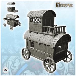 Merchant caravan on wooden wheels with terrace (1) - Medieval Gothic Feudal Old Archaic Saga 28mm 15mm RPG