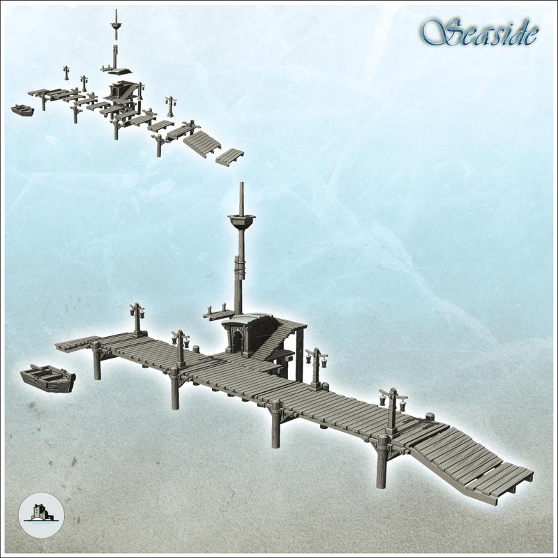 Modular set of medieval wooden pontoons with mast and boat (7) - Pirate Jungle Island Beach Piracy Caribbean Medieval Skull Renaissance