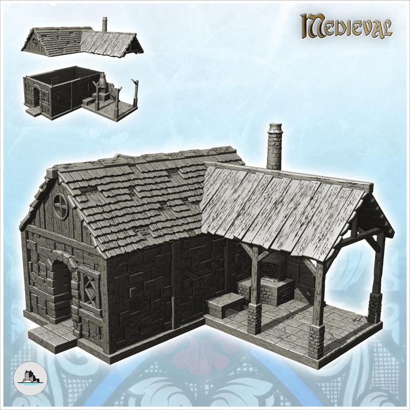 Medieval blacksmith house with forge, chimney and awning (10) - Medieval Gothic Feudal Old Archaic Saga 28mm 15mm