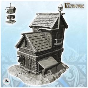 Medieval house with zinc drain pipes, canvas awning, entrance sign (13) - Medieval Gothic Feudal Old Archaic Saga 28mm 15mm