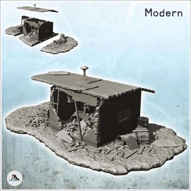 Modern building ruin made of sheet metal with metal chimney and barrel (3) - Future Sci-Fi SF Post apocalyptic Tabletop Scifi