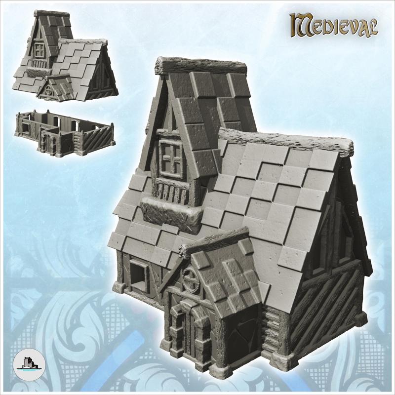 Medieval half-timbered house with large roof and floor (1) - Medieval Gothic Feudal Old Archaic Saga 28mm 15mm