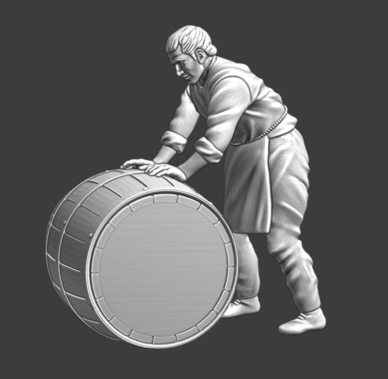Medieval civilian rolling big barrel