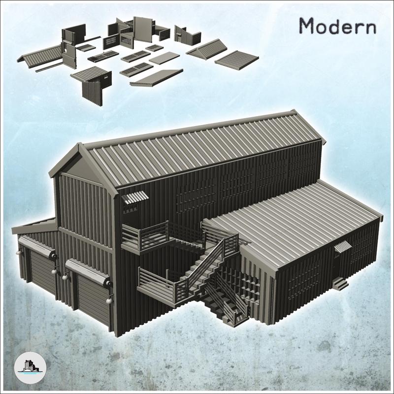 Large modern warehouse with exterior stairs and multiple access doors (20) - Cold Era Modern Warfare Conflict World War 3