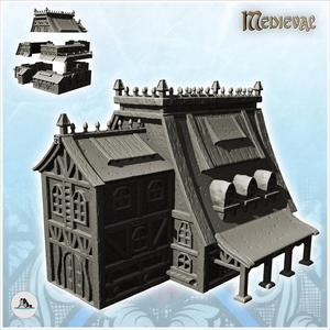 Large medieval half-timbered building with spiked roof and side canopy (30) - Medieval Feudal Old Archaic Saga 28mm 15mm