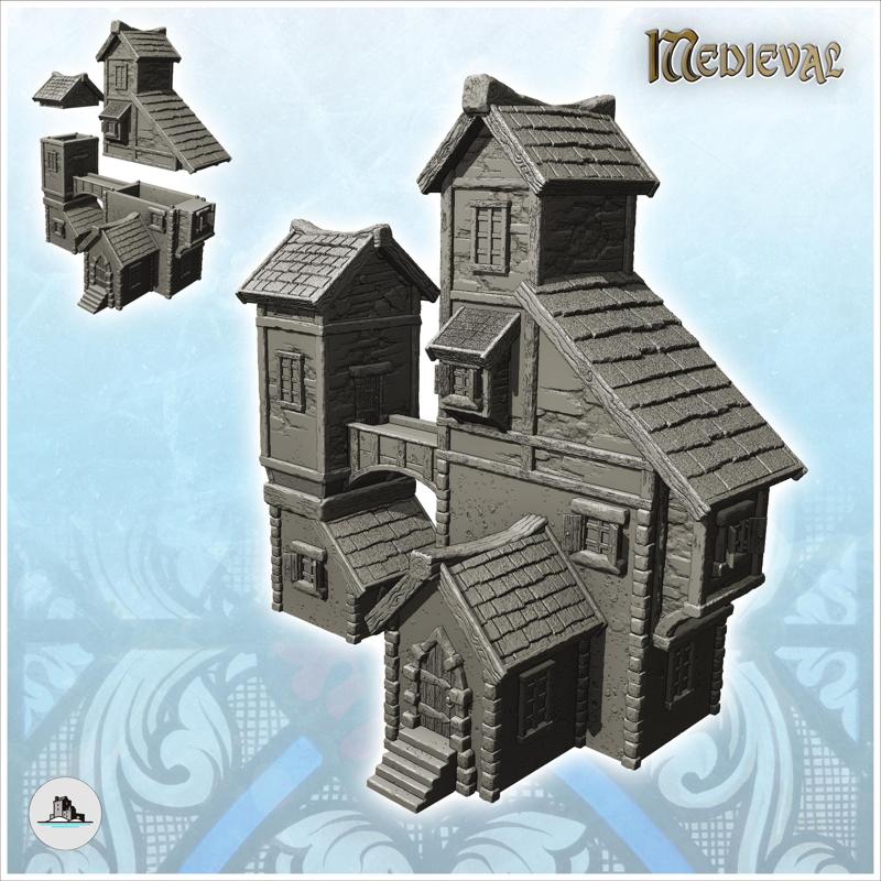 Large medieval building with suspended passage between annexes (15) - Medieval Gothic Feudal Old Archaic Saga 28mm 15mm