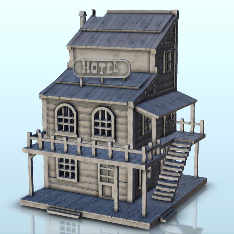 Western hotel with balcony and lateral stair (8) - Wild West USA America cow-boy