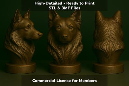 Border Collie Dog Bust - 3D Printable STL 3MF File - Pet Memorial Statue - Dog Model Download