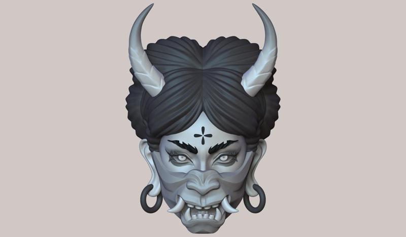 Oni mask on Geisha skull