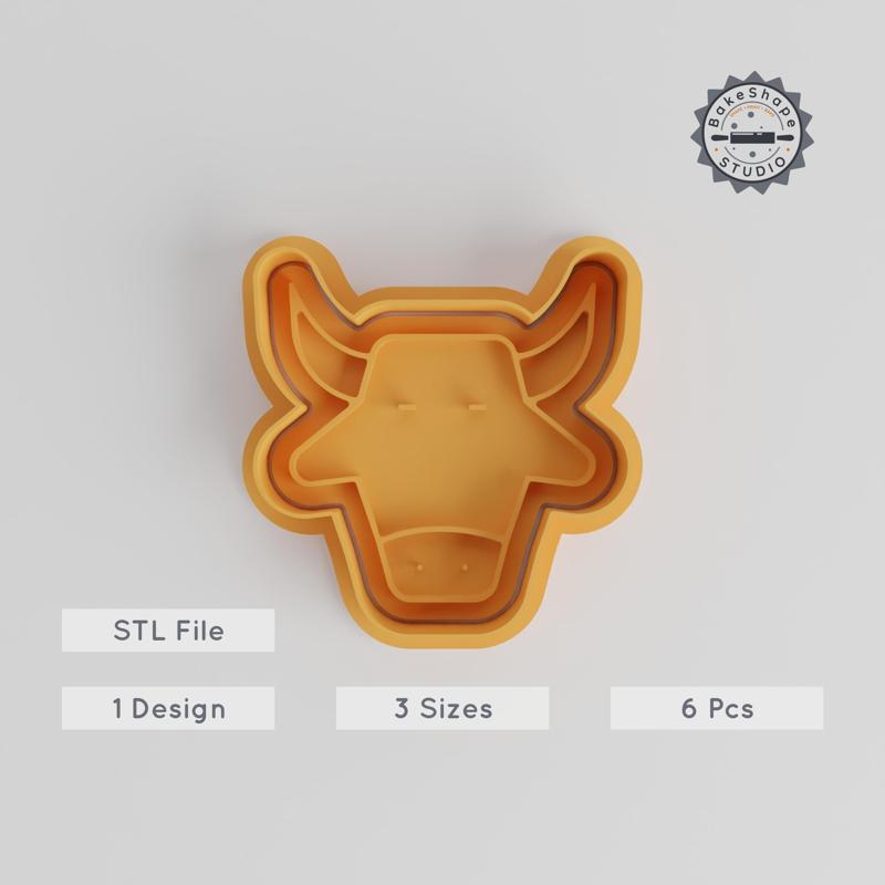 Ox Shape Cutter & Stamp Set, Cookie & Fondant, Animal Design, 6 Piece Collection, Sizes S/M/L
