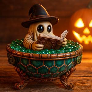 Whimsical Ghost Wizard in Enchanted Cauldron  | Spooky Cute Halloween 3D Print | Fantasy Figurine