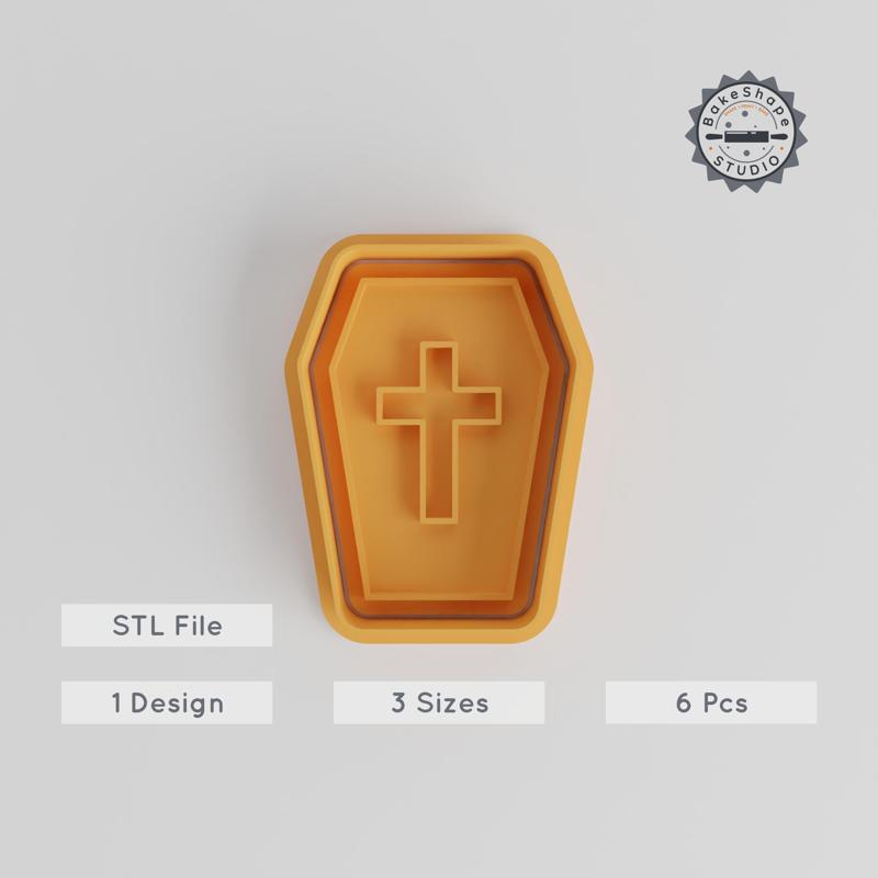 Coffin Shape Cutter & Stamp, Cookie, Fondant, 6-Piece Halloween Spooky Set, Crypt Box, Vampire Rest, 3 Size Pack PRODUCT_4279