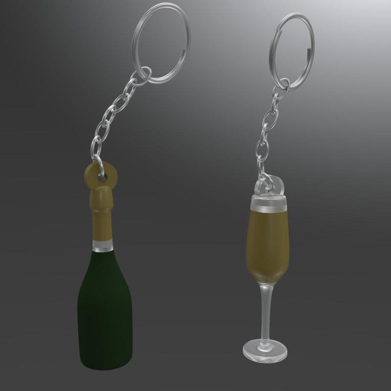 CHAMPAGNE BOTTLE AND GLASS KEYCHAIN