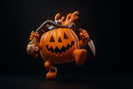 Halloween Killer Pumpkin Figurine | Creepy Jack O’ Lantern with Knife & Head | Spooky Horror Decor