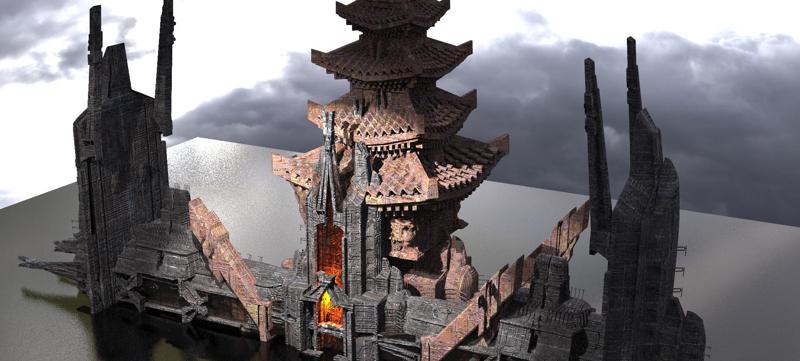 cyberpunk AsianTower Floating Kitbash 3