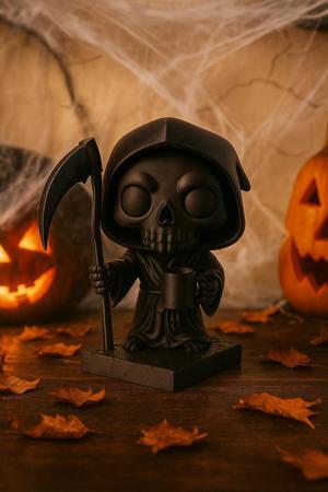 Grim Reaper Figurine – Cute Halloween Reaper with Scythe & Coffee