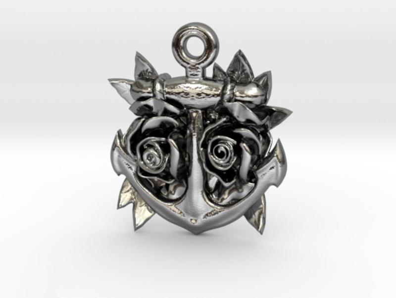 Anchor & Roses Tattoo style pendant