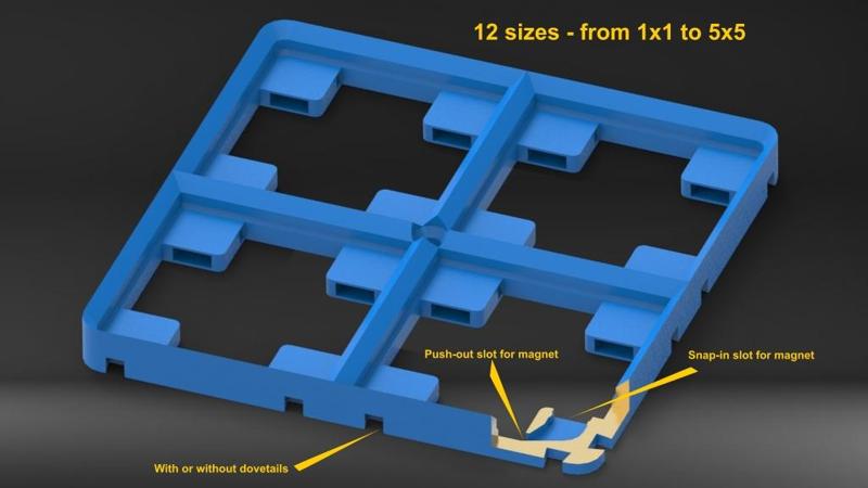 Gridfinity bases, side plugged magnet