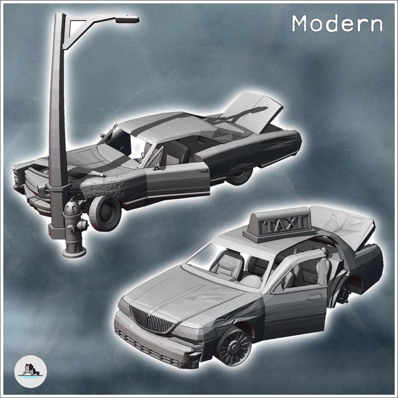 Set of two destroyed cars with street lamp and accident scene (5) - Modern WW2 WW1 World War Diaroma Wargaming RPG Mini Hobby