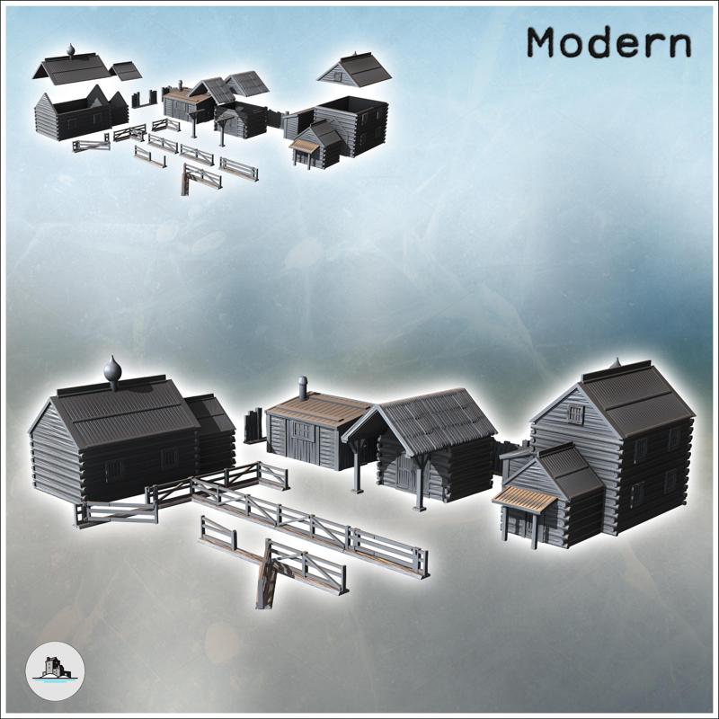 Set of Slavic or Russian rural town with Orthodox chapel, log houses, and modular wooden fences (20) - Modern WW2 WW1 World War Diaroma Wargaming RPG Mini Hobby