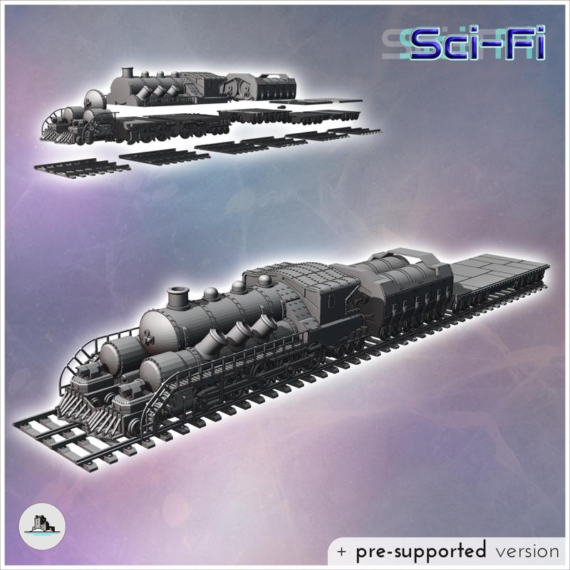 Steampunk train on double tracks with steam locomotive and trailer carriage (12) - Future Sci-Fi SF Post apocalyptic Tabletop Scifi 28mm 15mm 20mm Modern