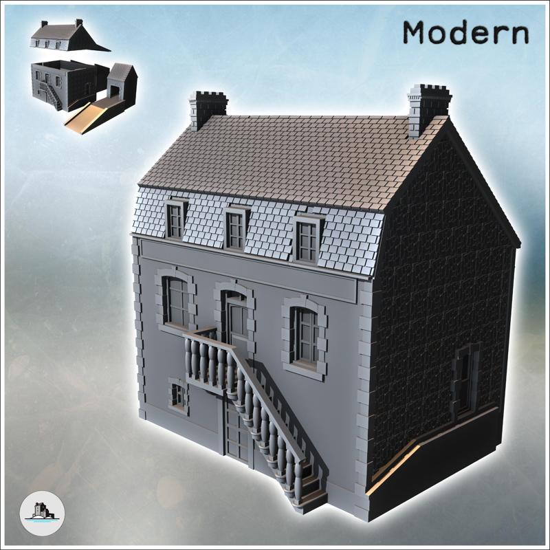 Modern Mansard-roofed building with access staircase and molded balustrade, and double chimneys (17) - Modern WW2 WW1 World War Diaroma Wargaming RPG Mini Hobby