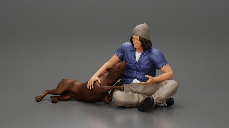young man in a bonnet sitting crossing his legs and hugging a dog