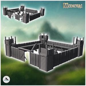 Fortified outpost with log walls, large wooden gate, and defense towers at corners (31) - Modern WW2 WW1 World War Diaroma Wargaming RPG Mini Hobby