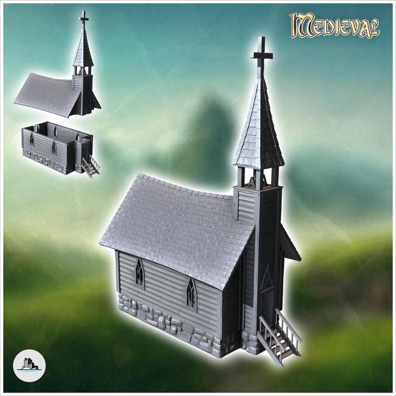 Medieval wooden chapel with a stone base and access stairs (7) - WW2 WW1 World War Diaroma Wargaming RPG Mini Hobby