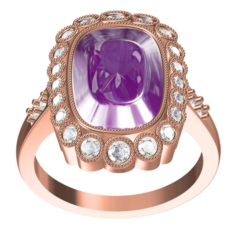 Cushion Cut Purple Diamond Milgrain Bezel Set Cocktail Ring