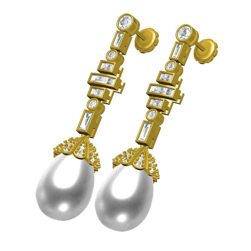 Round and baguette Diamond Pearl Drop Stud Earring