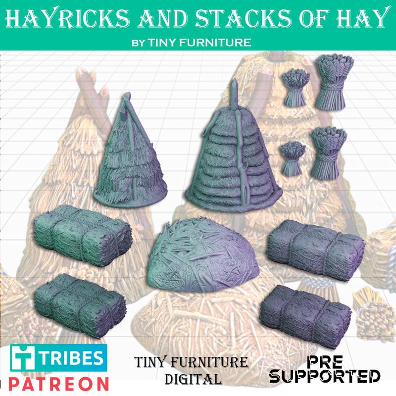 Hayricks and stacks of hay
