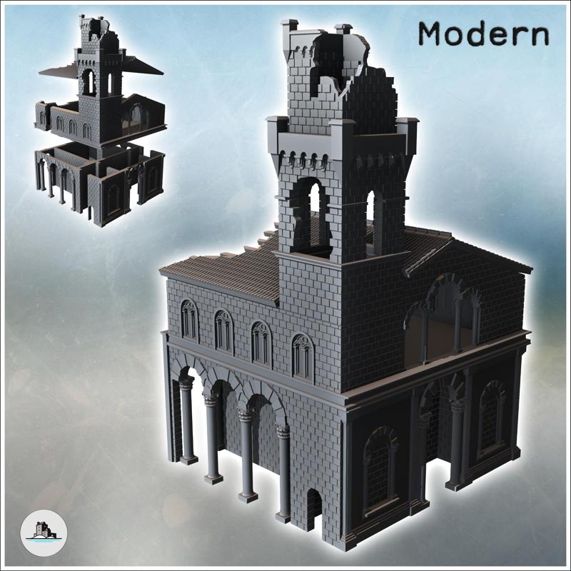 Large classical tile-roofed building with stone walls, clock tower (ruined version) (17) - Modern WW2 WW1 World War Diaroma Wargaming RPG Mini Hobby