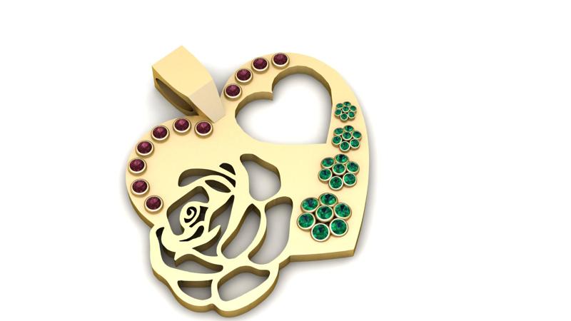 Heart-Shaped Pendant with a Rose Design and Gemstones