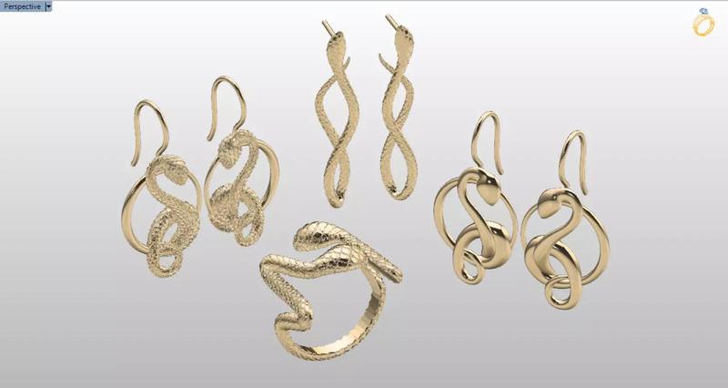 Golden Viper Ring and Earrings set 3D Model Collection