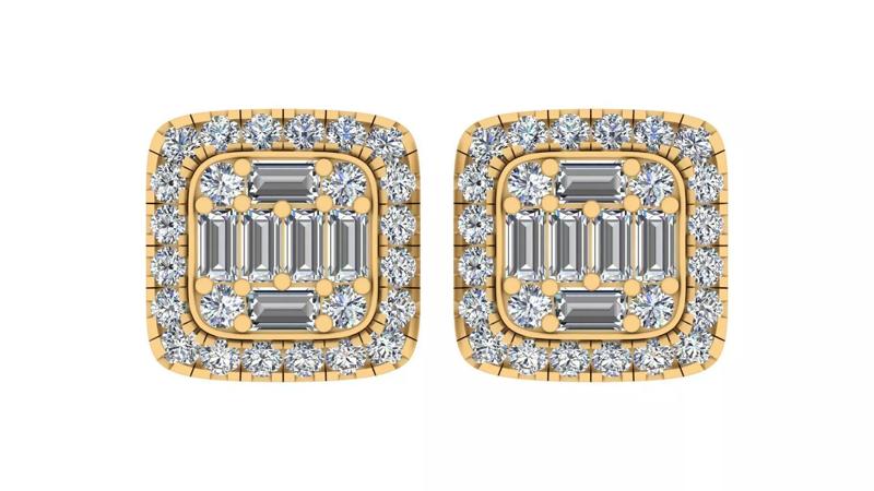 Square Halo Baguette And Round Diamond Stud Earrings