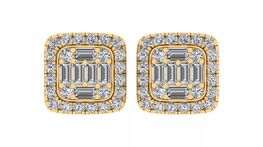 Square Halo Baguette And Round Diamond Stud Earrings