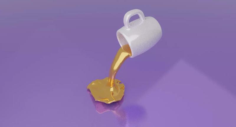 3D mug model cup of liquid pouring onto background
