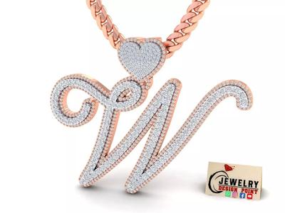 Custom Cursive Initial W Letter Diamond Pendant A to Z Alphabet
