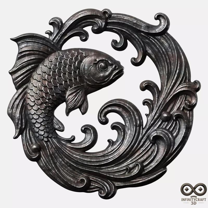 Ornamental Koi Sculpture CNC and 3D Printable Wall Relief