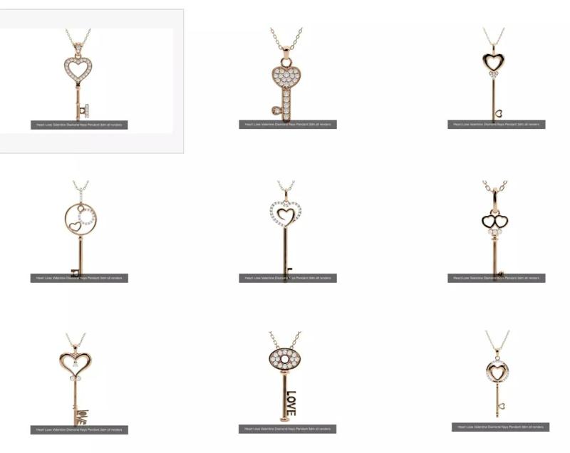 9 Heart Love Valentine Diamond Keys Pendant 3dm stl renders  3D Model Collection