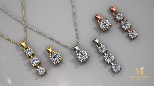 3D Jewelry Pendant Set Single Stone and 3 Stone