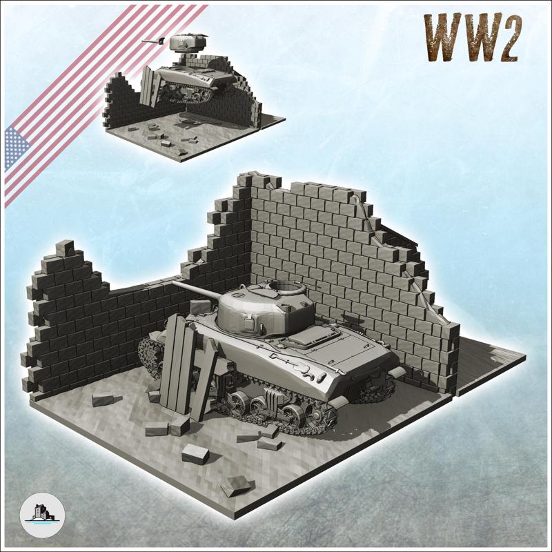 Ruin of Sherman M4 with walls and pieces of wood (4) - World War Two Second WWII Western campaign USA United States America