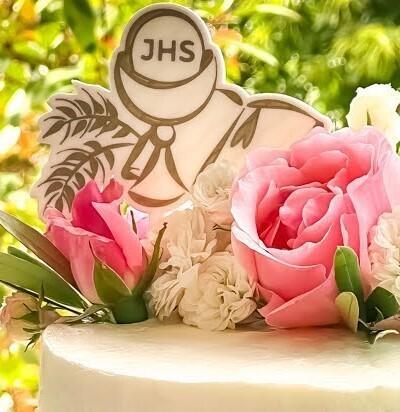 First Communion Cake Topper – JHS Symbol with Wheat, Chalice & Bible
