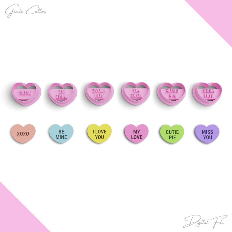 BUNDLE / Conversation Heart Candy "Love Phrases" Clay Cutter, 6 Models, 2 Cutter Version, 5 Sizes Included, Digital STL File,No: 1276 bundle