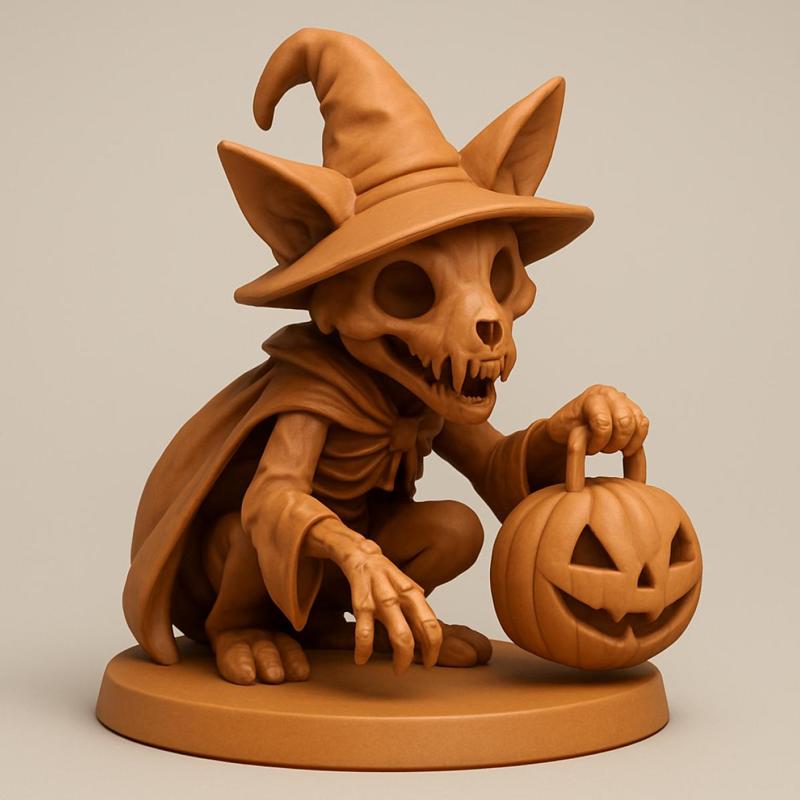 Skeleton Cat Witch with Pumpkin