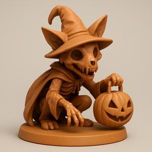 Skeleton Cat Witch with Pumpkin