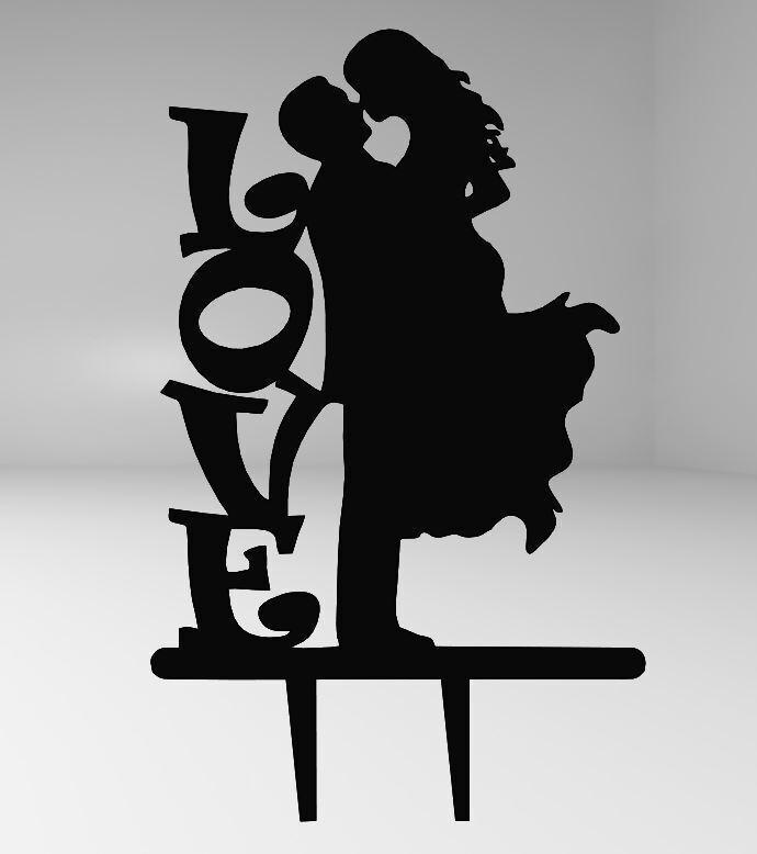 Wedding Cake Topper - Bride and Groom Embrace with "Love" Text