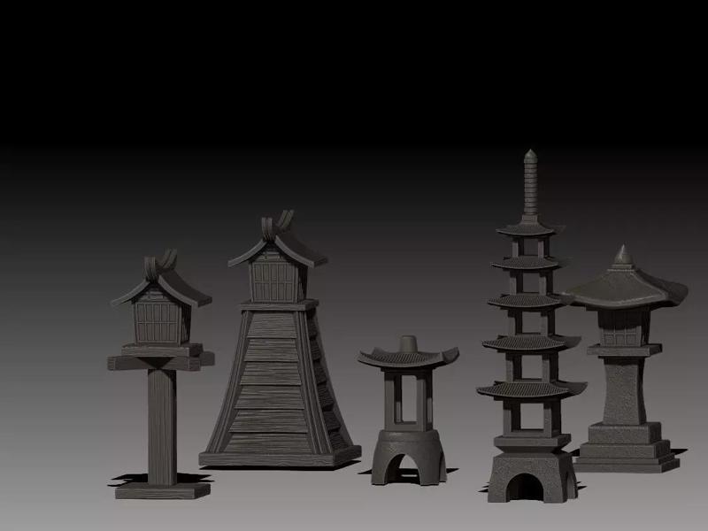 Set Japanese Stone Lantern 02